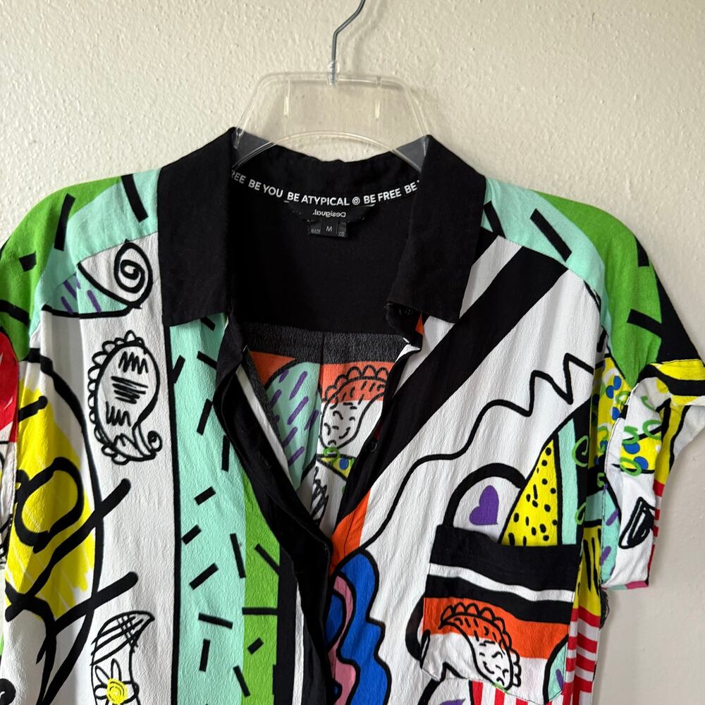 Desigual Calabria shirt multicolored arty graphic bold black collar shirt Size M - Picture 4 of 10